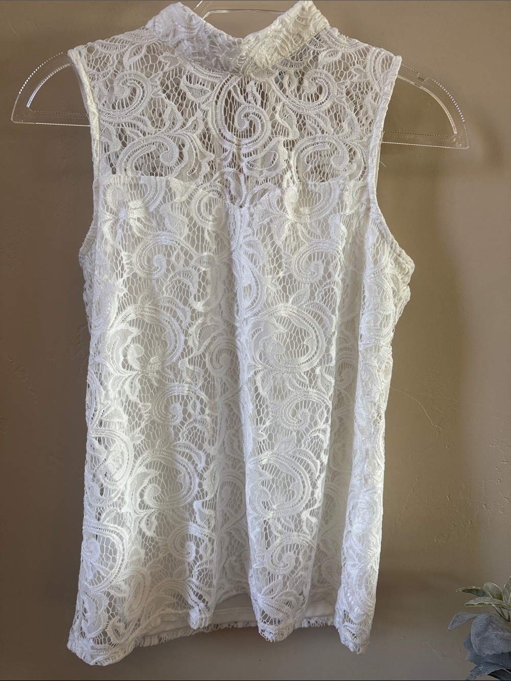 Notations White Lace Sleeveless Mock Neck Top